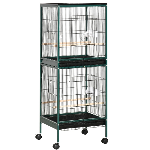 PawHut – Cage à oiseaux Maison de parakeet Aviary 2 en 1 de 55,1 po pour finches, budgies avec roulettes, plateaux coulissants, Perchoir en bois, con