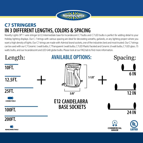 Novelty Lights 25 Socket C7 Outdoor String Light Christmas Stringer - Patio String Lights - Candelabra Base