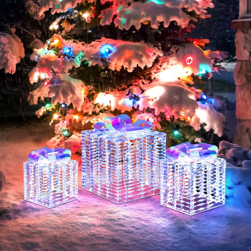 COSTWAY  Set Of 3 Iridescent Christmas Gift Box Led Lighted Present Box Decoration Yard