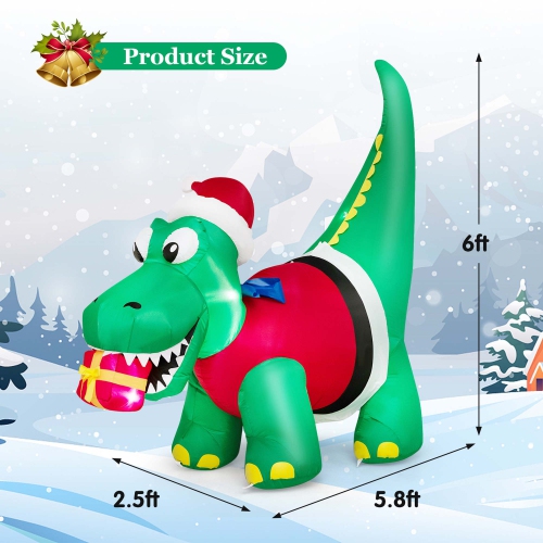 Costway 6FT Inflatable Christmas Dinosaur with LED Lights Gift Box & Blower Party Yard