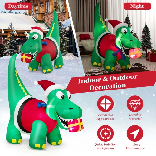 Costway 6FT Inflatable Christmas Dinosaur with LED Lights Gift Box & Blower Party Yard