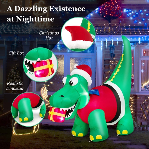 Costway 6FT Inflatable Christmas Dinosaur with LED Lights Gift Box & Blower Party Yard