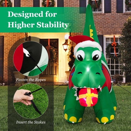 Costway 6FT Inflatable Christmas Dinosaur with LED Lights Gift Box & Blower Party Yard
