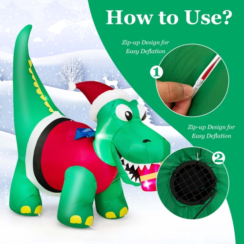 Costway 6FT Inflatable Christmas Dinosaur with LED Lights Gift Box & Blower Party Yard