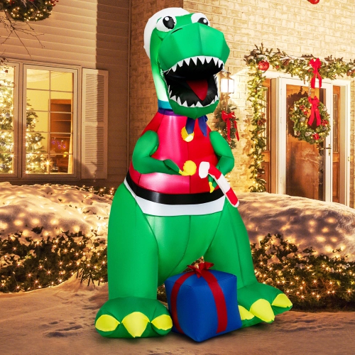 Décoration de dinosaure de Noël gonflable 6FT de Costway avec lumières DEL et coffret-cadeau