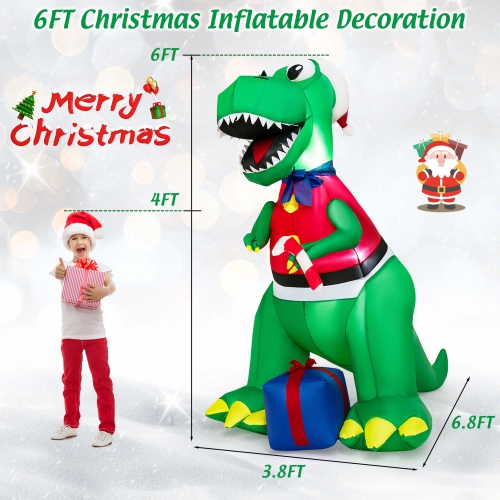 Décoration de dinosaure de Noël gonflable 6FT de Costway avec lumières DEL et coffret-cadeau
