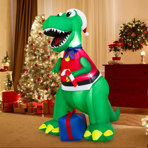 Décoration de dinosaure de Noël gonflable 6FT de Costway avec lumières DEL et coffret-cadeau