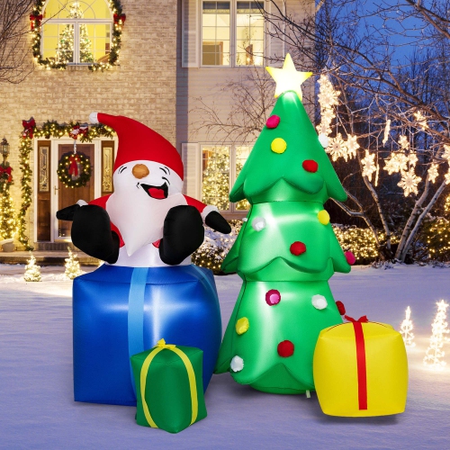 COSTWAY  7 Ft Inflatable Christmas Lighted Santa Claus & Christmas Tree With Gift Boxes