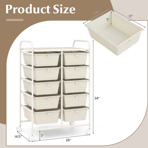Costway 10-Drawer Storage Cart Utility Rolling Trolley Kitchen Office Organizer