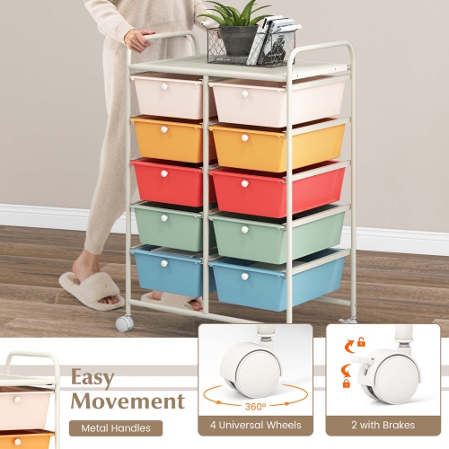Costway 10-Drawer Storage Cart Utility Rolling Trolley Kitchen Office Organizer