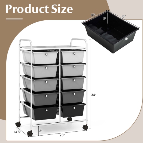 Costway 10-Drawer Storage Cart Utility Rolling Trolley Kitchen Office Organizer