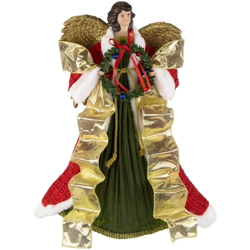 18" Red and Green Angel with Wreath Christmas Tree Topper, Unlit