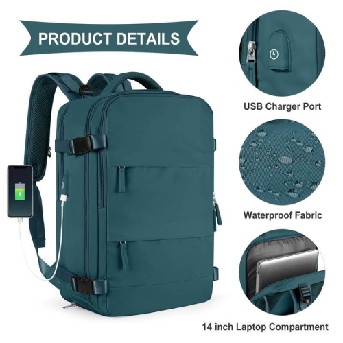 Large Travel Backpack for Men -Women - Waterproof Outdoor Sports Rucksack with USB Charging Port, Fits 15.6 Inch Laptop, Shoes Compartment - Ideal