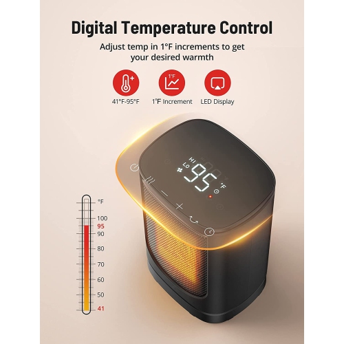 1500W Space Heater with 70° Oscillation, 12-Hour Timer, 3 Modes, Thermostat, Tip-Over Protection, and 24-Hour Auto-Off feature. A Quiet Ceramic Heater