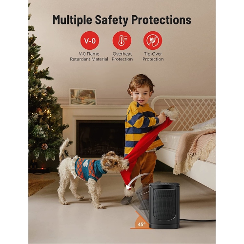 1500W Space Heater with 70° Oscillation, 12-Hour Timer, 3 Modes, Thermostat, Tip-Over Protection, and 24-Hour Auto-Off feature. A Quiet Ceramic Heater
