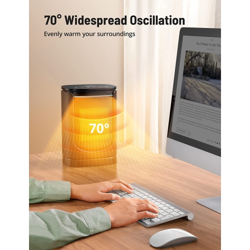 1500W Space Heater with 70° Oscillation, 12-Hour Timer, 3 Modes, Thermostat, Tip-Over Protection, and 24-Hour Auto-Off feature. A Quiet Ceramic Heater