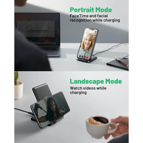 15W Qi-Certified Wireless Charging Stand: Fast Wireless Charger with Sleep-Friendly Adaptive Light. Compatible with iPhone 14, 13, 12 Pro, XR, XS, 8