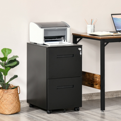 Vinsetto Vertical Filing Cabinet with 2 Drawers, Lock and Wheels, Under Desk Mobile File Cabinet for Legal, A4, Letter Size, Steel Frame for Home