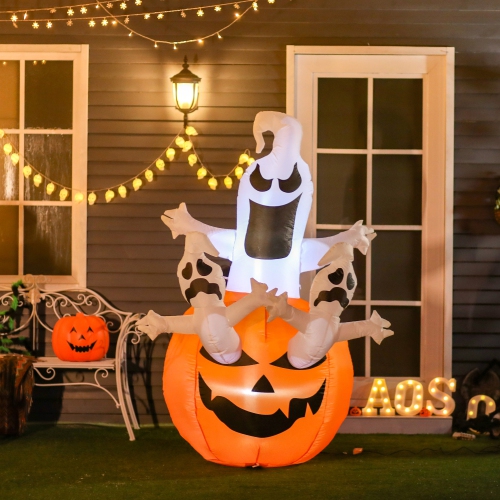 HOMCOM 6FT Tall Halloween Inflatable Jack-O-Lantern and Ghosts, Outdoor Blow Up Yard Decoration with Pumpkin Lantern and LED Lights for Garden, Lawn,