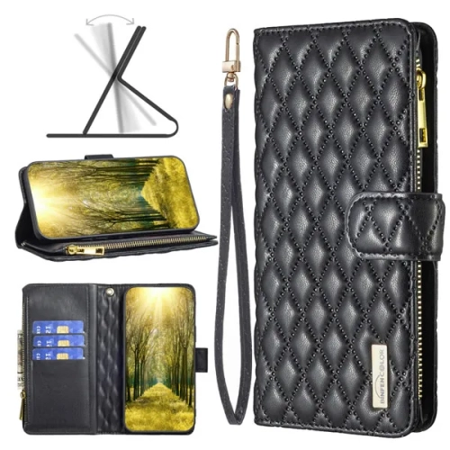 for iPhone 14 Pro Max Wallet Case, Embossed Diamond Phone Case with Card Holder, Kickstand and Magnetic - Black