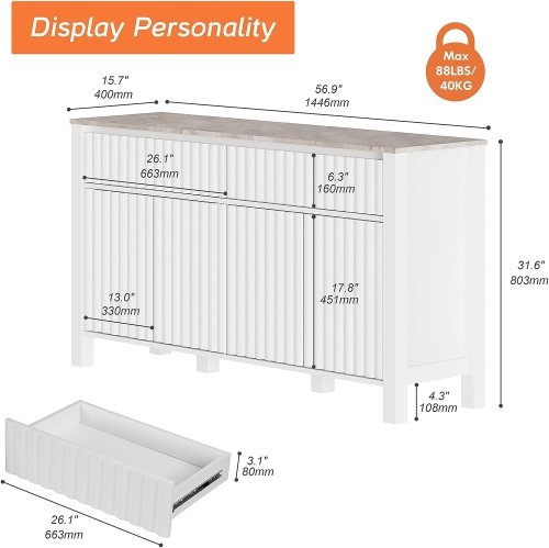 WAMPAT Modern Sideboard Buffet Cabinet, Coffee Bar Cabinet with Drawers, Storage Cabinet with Adjustable Shelves for Kitchen, Dining Room White