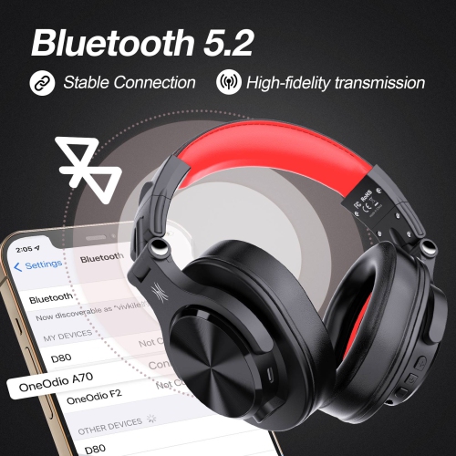 OneOdio Bluetooth Over-Ear Headphones with Mic | Wireless & Corded Dual-Mode Headphones -A70 Red