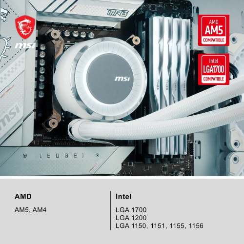 MSI MAG CORELIQUID E240 WHITE, AIO Liquid CPU Cooler, LGA 1851, 240mm Radiator, Double 120mm PWM Fans, ARGB