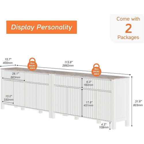 WAMPAT Modern 2-in-1 Sideboard Buffet Cabinet, Coffee Bar Cabinet with Drawers and Adjustable Shelves White