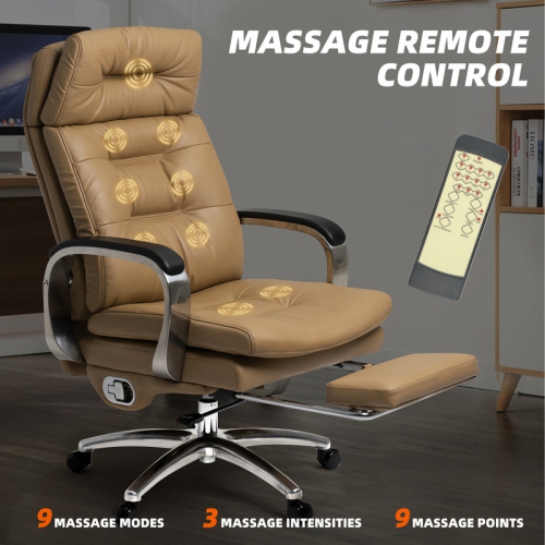 Kinnls Vane Massage Office Chair with Footrest Fully Reclining Managerial & Executive Genuine Leather Desk Task Chairs 400lbs