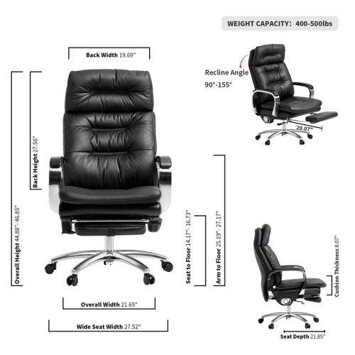 Kinnls Vane Massage Office Chair with Footrest Fully Reclining Managerial & Executive Genuine Leather Desk Task Chairs 400lbs