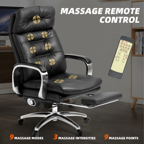 Kinnls Vane Massage Office Chair with Footrest Fully Reclining Managerial & Executive Genuine Leather Desk Task Chairs 400lbs