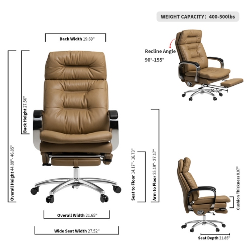 Kinnls Vane Massage Office Chair with Footrest Fully Reclining Managerial & Executive Genuine Leather Desk Task Chairs 400lbs