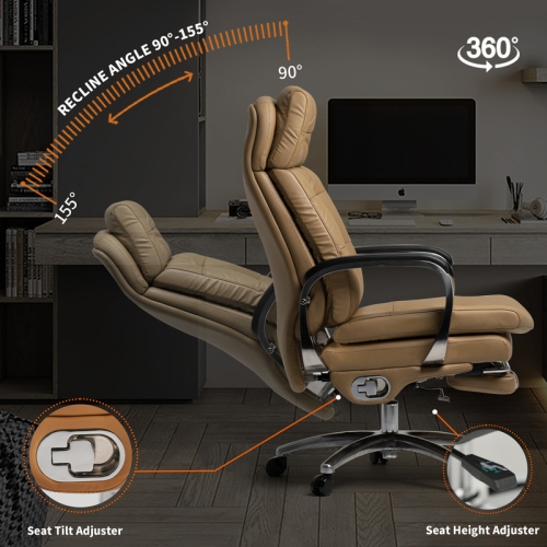 Kinnls Vane Massage Office Chair with Footrest Fully Reclining Managerial & Executive Genuine Leather Desk Task Chairs 400lbs