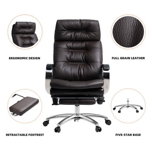 Kinnls Vane Massage Office Chair with Footrest Fully Reclining Managerial & Executive Genuine Leather Desk Task Chairs 400lbs