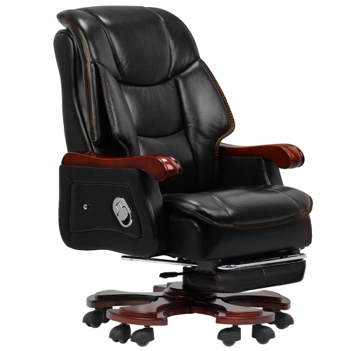 Kinnls Jones Fully Reclining Office Chair Massage Chair with Footrest Genuine Leather with Solid Wood High Back Executive Office Chair