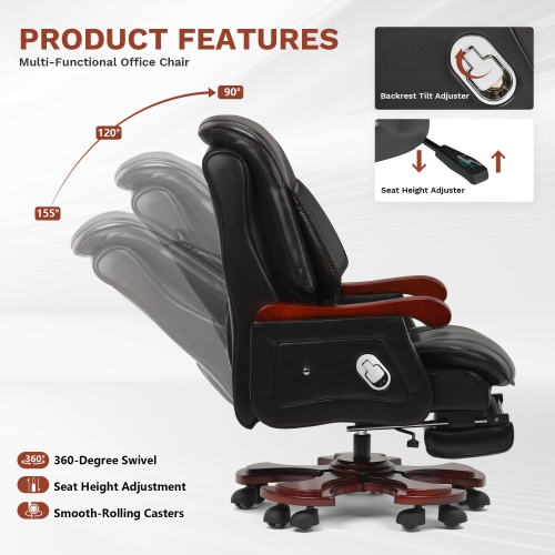 Kinnls Jones Fully Reclining Office Chair Massage Chair with Footrest Genuine Leather with Solid Wood High Back Executive Office Chair