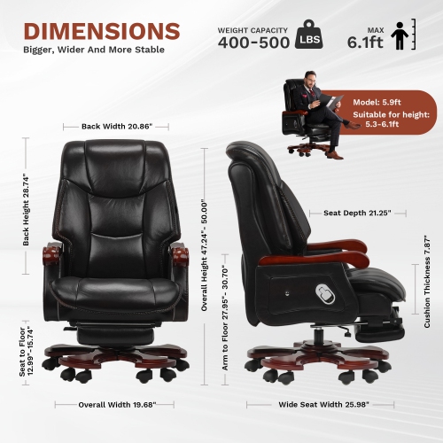 Kinnls Jones Fully Reclining Office Chair Massage Chair with Footrest Genuine Leather with Solid Wood High Back Executive Office Chair