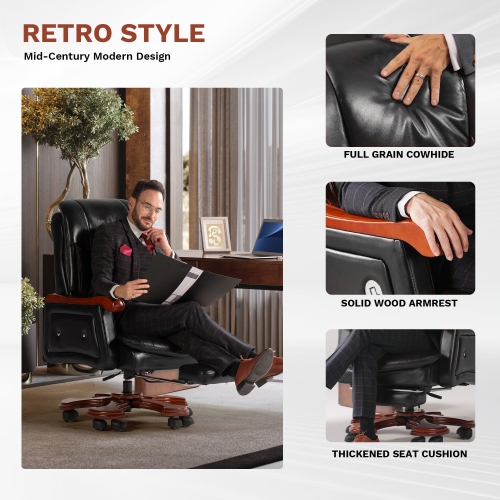 Kinnls Jones Fully Reclining Office Chair Massage Chair with Footrest Genuine Leather with Solid Wood High Back Executive Office Chair