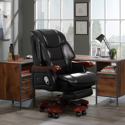 Kinnls Jones Fully Reclining Office Chair Massage Chair with Footrest Genuine Leather with Solid Wood High Back Executive Office Chair
