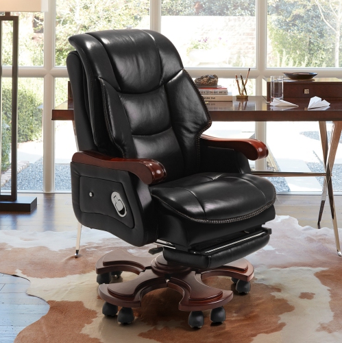 Kinnls Jones Fully Reclining Office Chair Massage Chair with Footrest Genuine Leather with Solid Wood High Back Executive Office Chair