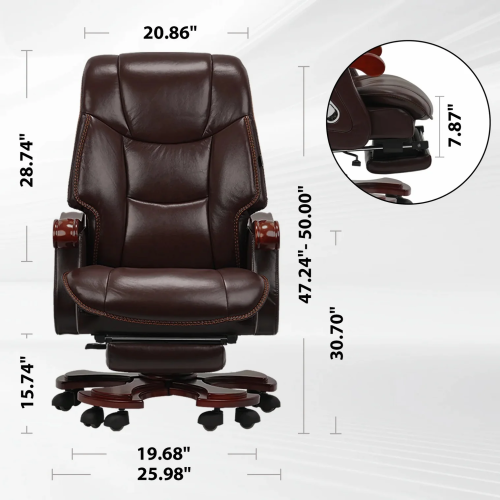 Kinnls Jones Fully Reclining Office Chair Ventilation, Heating Massage Chair with Footrest Genuine Leather with Solid Wood High Back Executive Office