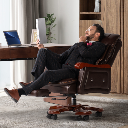 Kinnls Jones Fully Reclining Office Chair Ventilation, Heating Massage Chair with Footrest Genuine Leather with Solid Wood High Back Executive Office