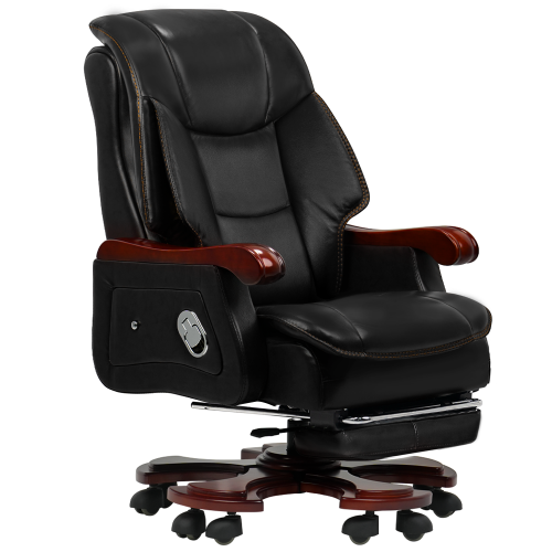 KINNLS  Jones Fully Reclining Office Chair Massage Chair With Footrest Genuine Leather With Solid Wood High Back Executive Office Chair