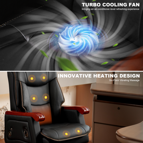 Kinnls Jones Fully Reclining Office Chair Ventilation, Heating Massage Chair with Footrest Genuine Leather with Solid Wood High Back Executive Office