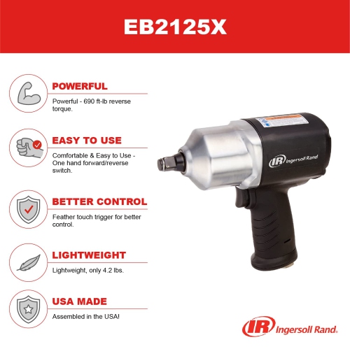 Ingersoll Rand Edge Series EB2125X 1/2" Composite Air Impact Wrench, 690 ft lbs Max Reverse Torque, Lightweight, One Hand Forward / Reverse Switch,