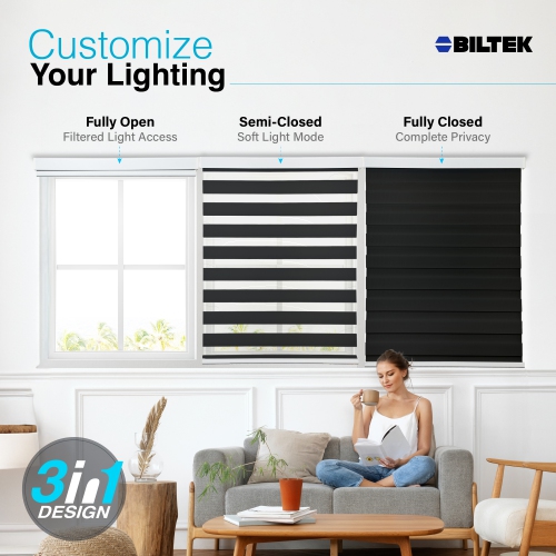 Biltek Zebra Cordless Window Blinds, Dual Layered Light Filtering Roller Shades, Easy Install Blinds, Indoor Home Decor, Pull-Down Shades for