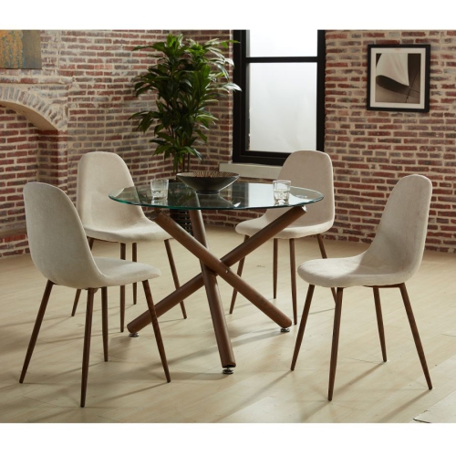 Cosmic Homes 5pc Dining Set in Walnut with Beige Chair, Round Modern Kitchen Table, and 4 Chairs with Metal Legs with heat-transferred walnut finish