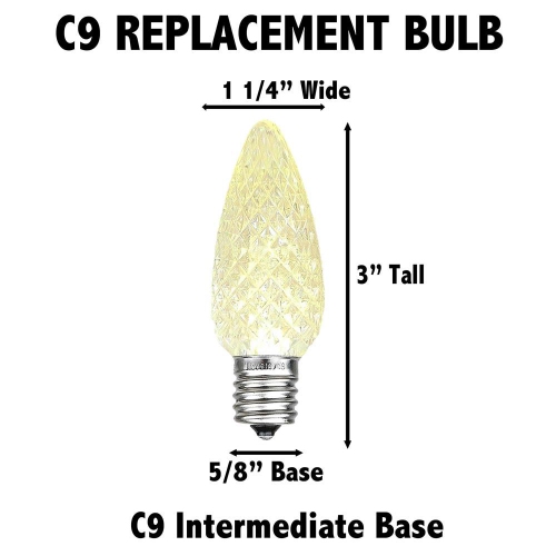 Novelty Lights 25 Pack C9 LED Faceted Ultra Bright Dimmable Outdoor Christmas Light Replacement Bulbs, E17/C9 Intermediate Base, 0.5 Watt