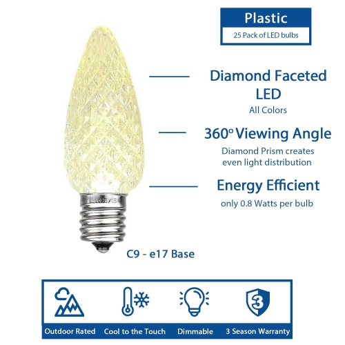 Novelty Lights 25 Pack C9 LED Faceted Ultra Bright Dimmable Outdoor Christmas Light Replacement Bulbs, E17/C9 Intermediate Base, 0.5 Watt