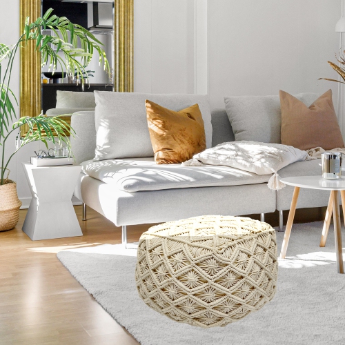 18" Beige Handmade Macrame Natural Cotton Square Pouf Ottoman